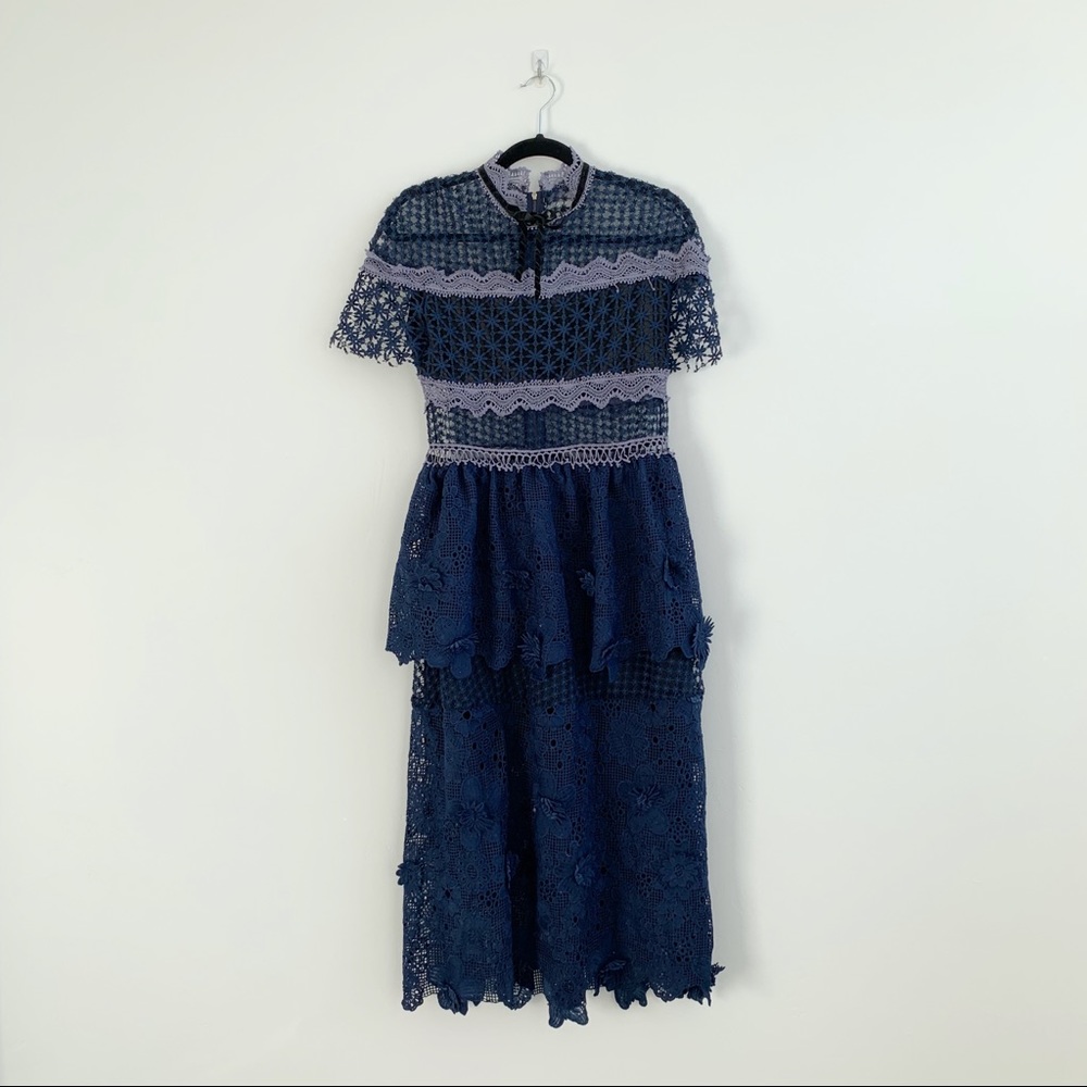 Womens navy mesh panel 3D floral lace double layer